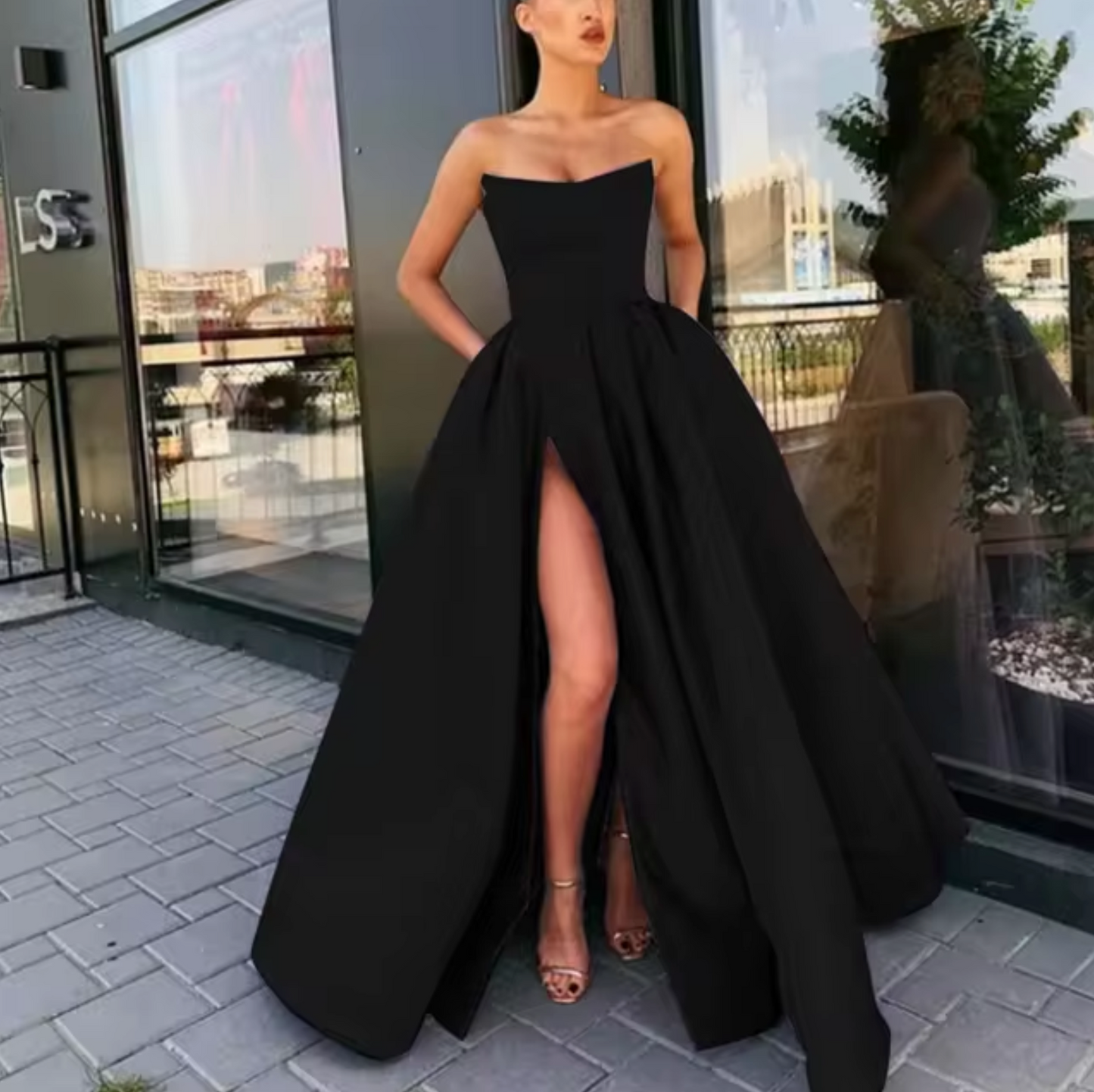 Women's Evening Gown - Strapless A-Line - Floor-Length with High Slit - Formal Wear