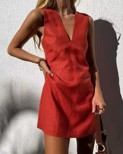 Women’s Sleeveless Mini Dress - Deep V-Neck - Fitted Bodice - Elegant Casual Wear