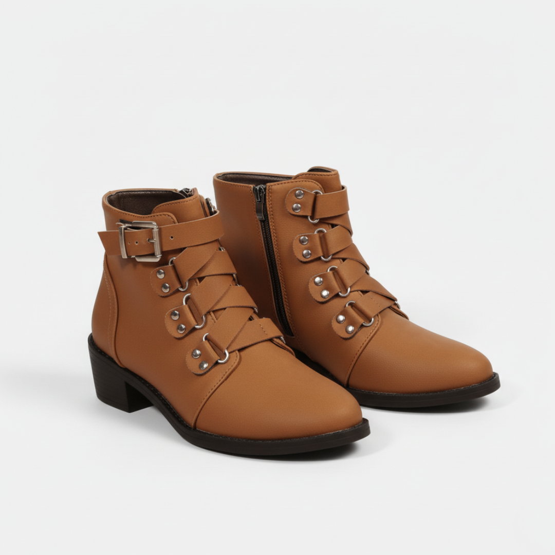 Women’s Ankle Boots - Faux Leather - Side Zipper - Buckle Strap - Block Heel
