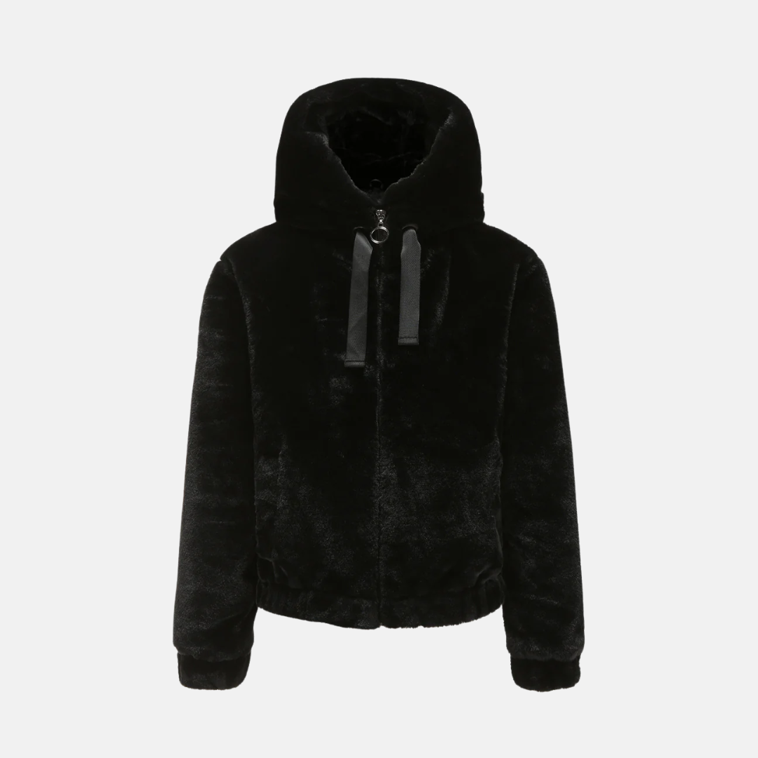 Women’s Short Coat – Faux Fur Knit – Hooded – Relaxed Fit – Elastic Hem and Cuffs