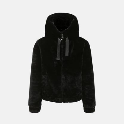 Women’s Short Coat – Faux Fur Knit – Hooded – Relaxed Fit – Elastic Hem and Cuffs