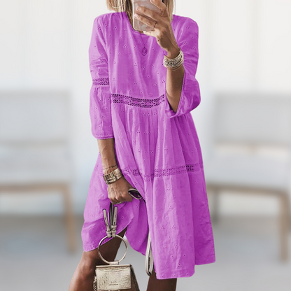 Women's Embroidered Dress - Knee-Length - Three-Quarter Sleeve - Elegant Eyelet Detailing