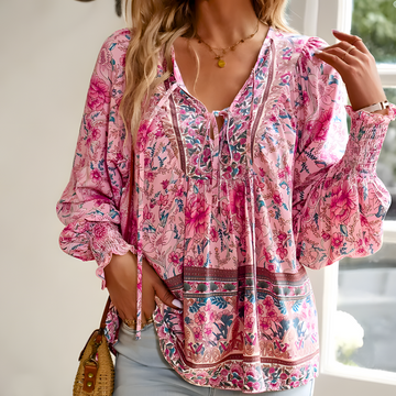 Women's floral tie v-neck long-sleeve top