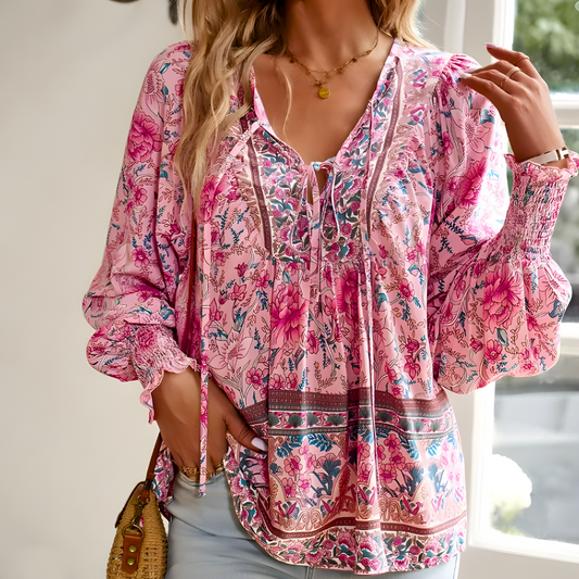 Floral Tie V-Neck Long-Sleeve Top