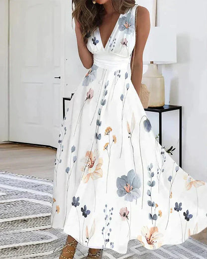 Women's Maxi Dress - Sleeveless Deep V-Neck - Floral Print - Flowy Lightweight Fit
