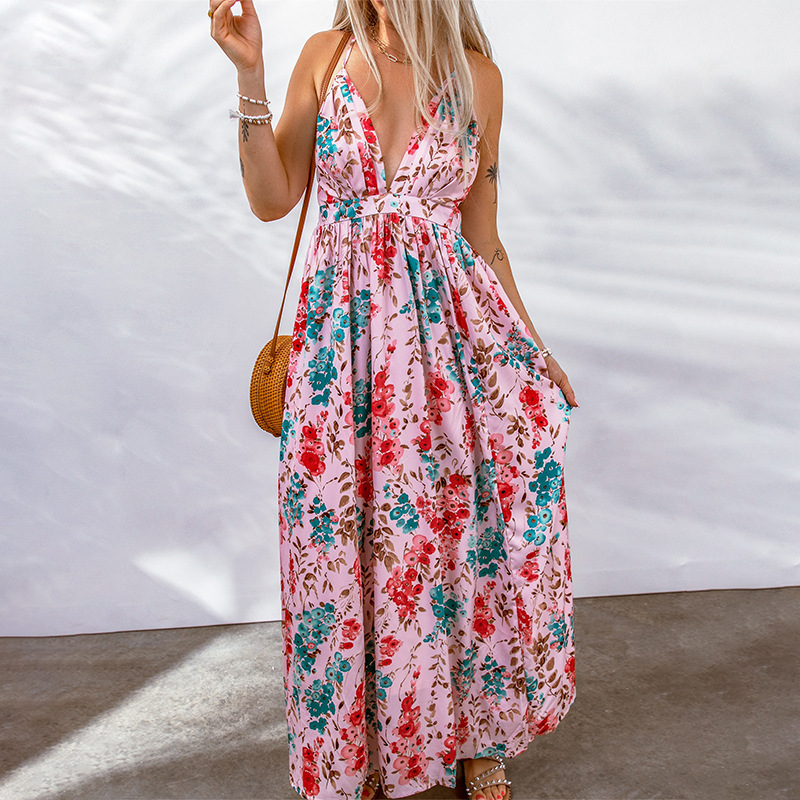 Women’s Maxi Dress – Floral Print – Deep V-Neck – Spaghetti Straps – Breathable Blend