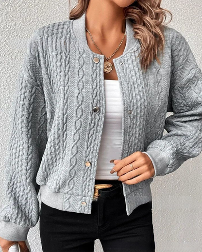 Women's Bomber Jacket - Cable Knit - Snap Button Front - Ribbed Collar & Cuffs