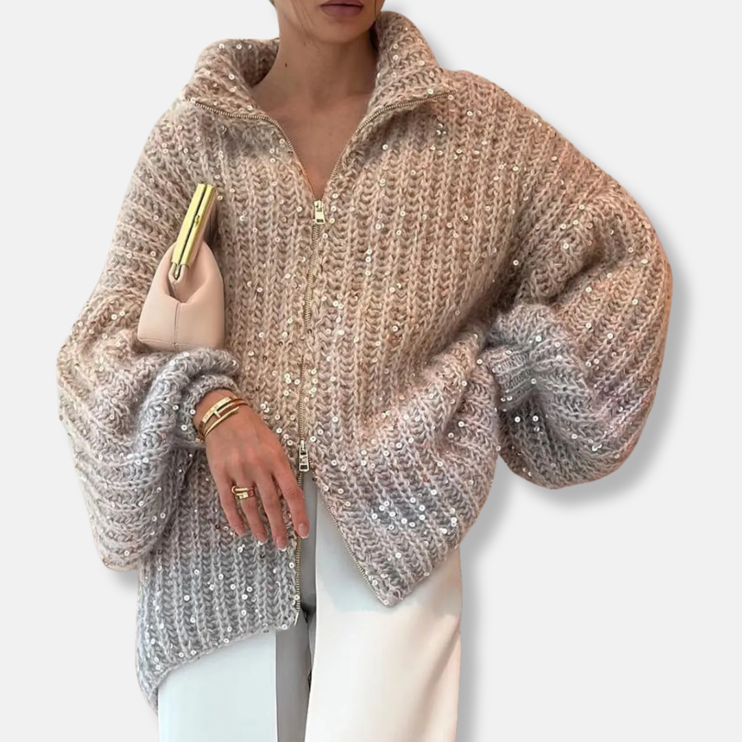 Oversized Wool Sequin Puff Sleeve Cardigan