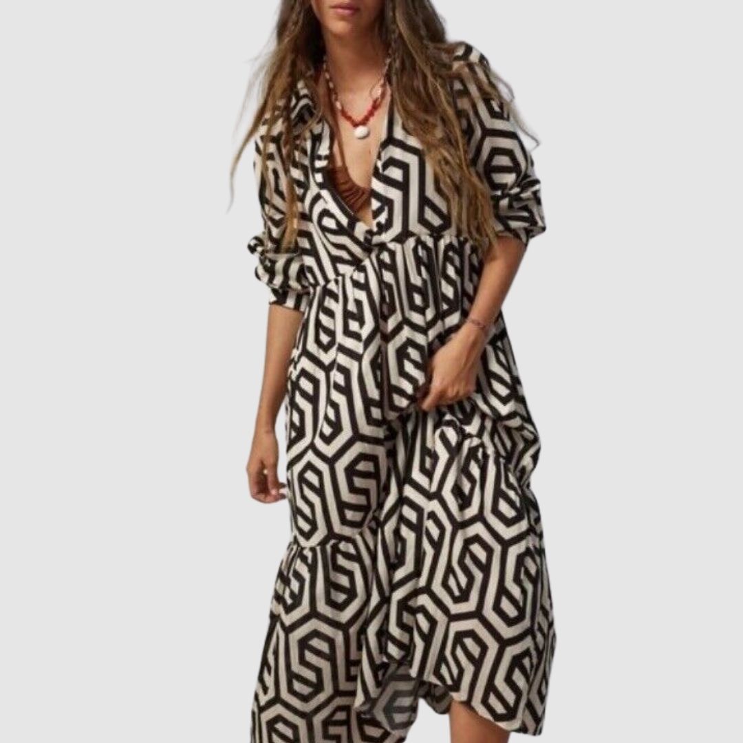 Geometric Print Relaxed Fit Long Sleeve Dress 