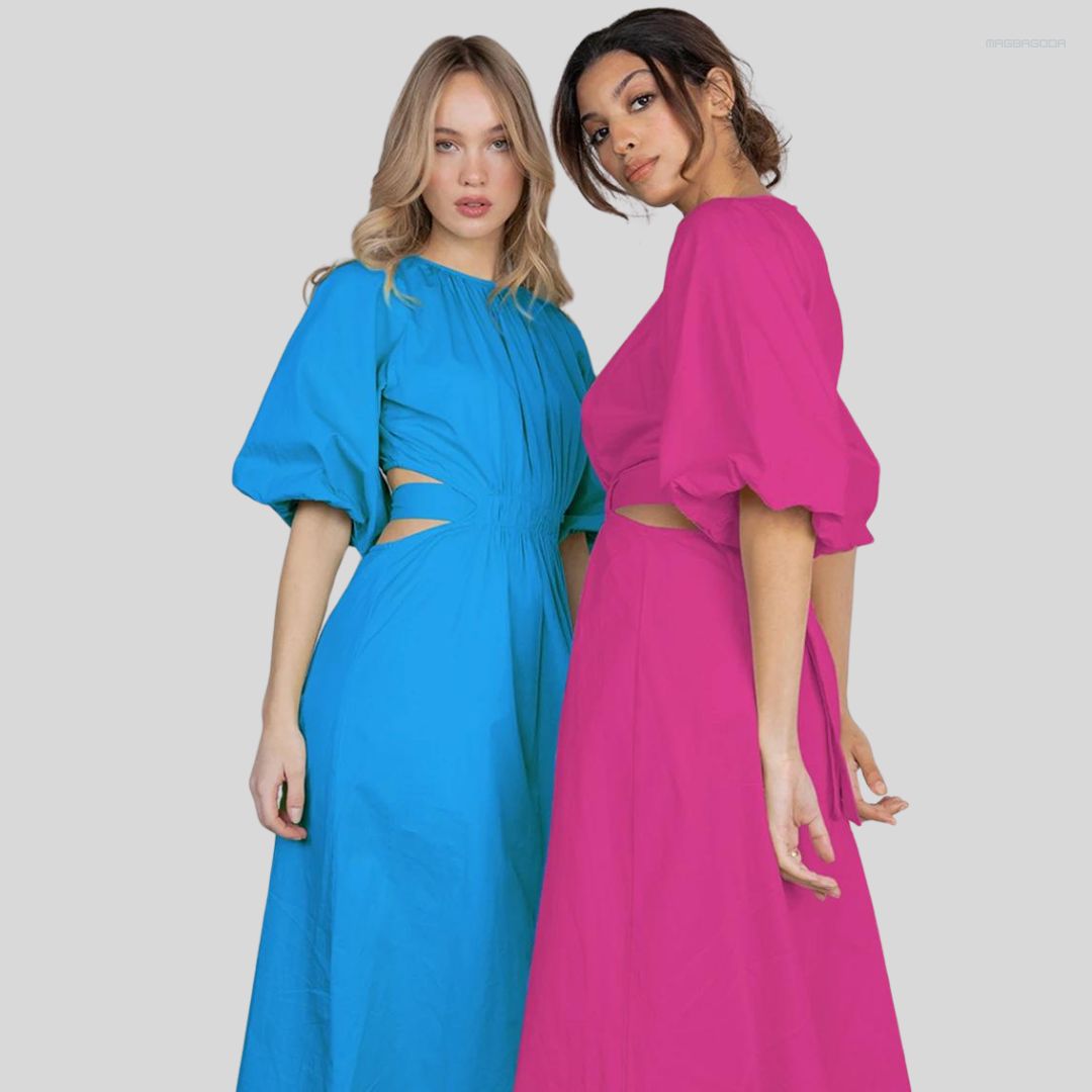 Women's Midi Dress - Puff Sleeve - Cut-Out Waist - A-Line Flowy Silhouette