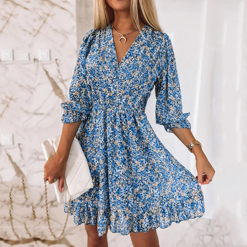 Women’s Mini Dress – Relaxed Fit – Smocked Waist – V-Neck – Breathable Blend – Ruffle Hem