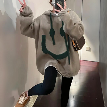 Women's smiley print drawstring hooded loose sweater