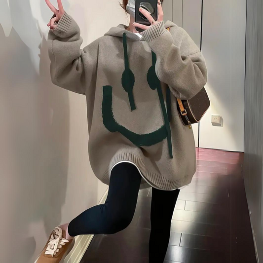 Smiley Print Drawstring Hooded Loose Sweater