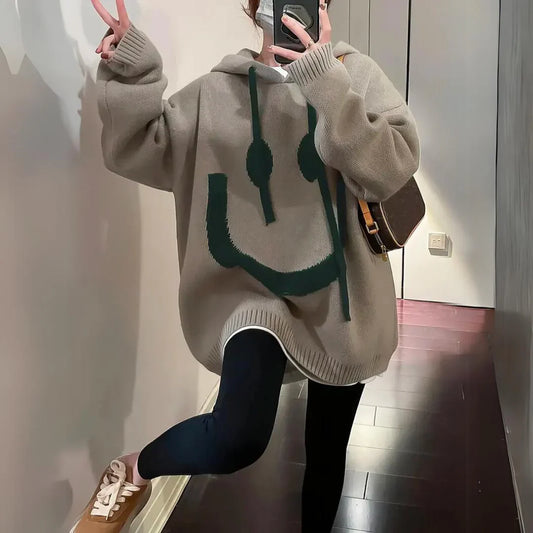 Oversized Knit Graphic Smiley Face Hoodie 