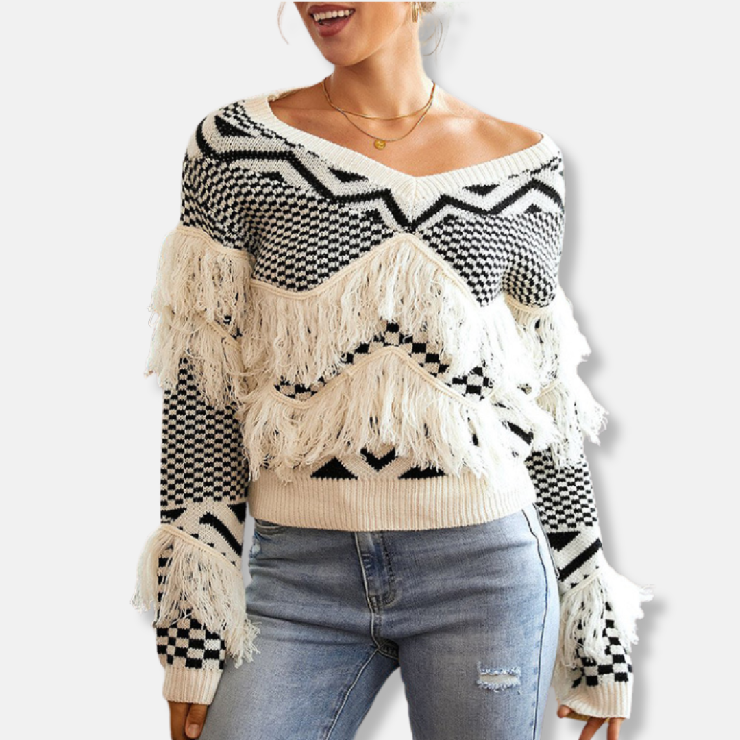 Fringe Trim Geometric Wool Knit Sweater 