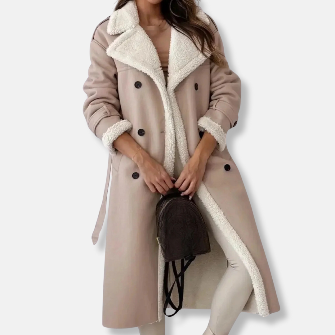 Shearling Lined Belted Faux Suede Coat 