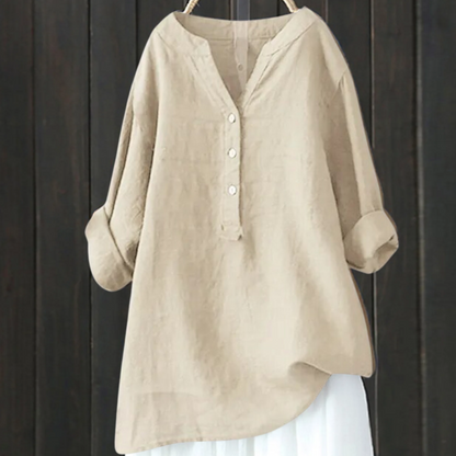 Women's loose solid stand collar button long sleeve shirt