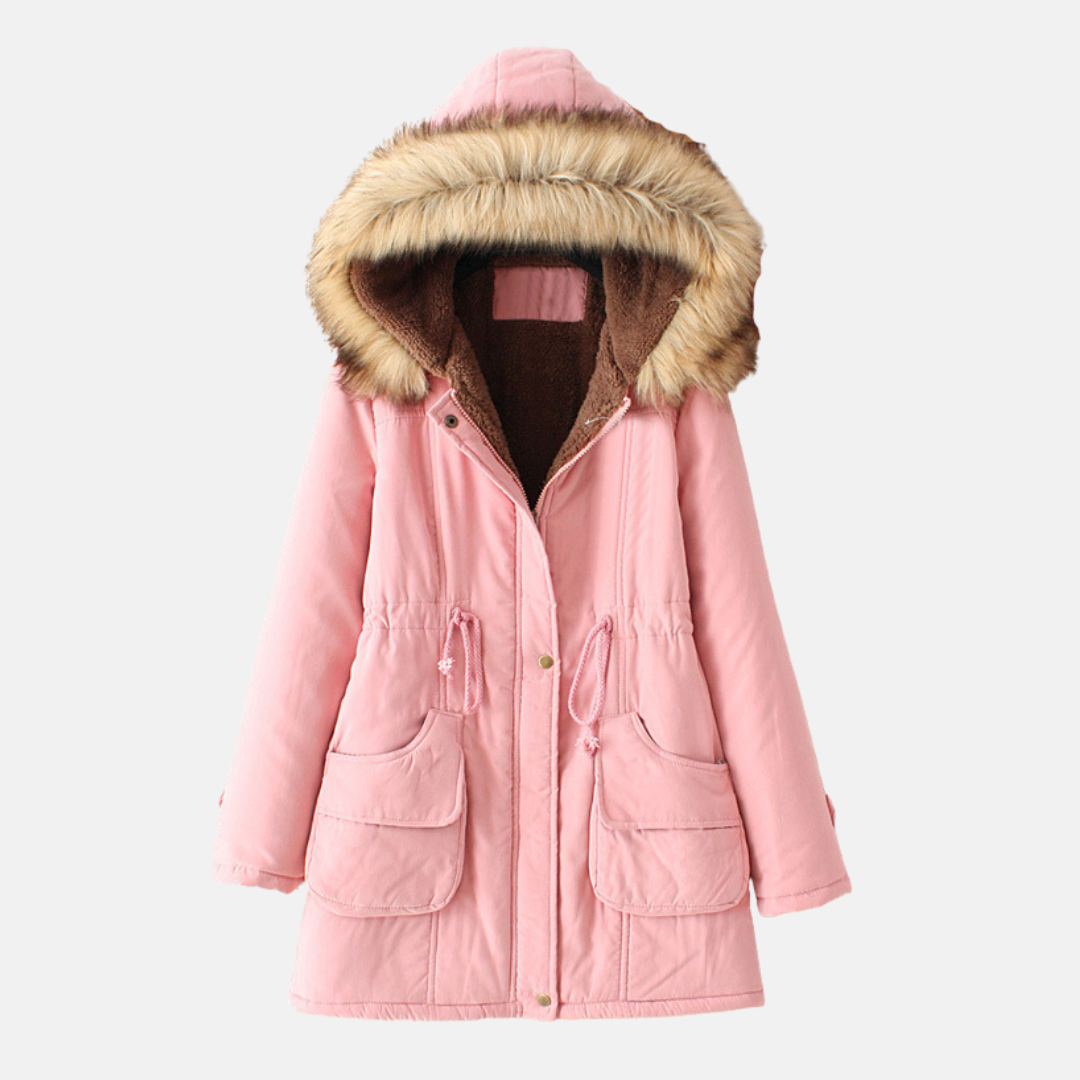 Women’s Hooded Parka Coat – Slim Regular Fit – Sherpa Lined – Faux Fur Hood – Drawstring Waist – Mid-Thigh Length
