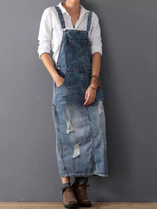 Women’s Denim Dress – Relaxed Fit – Midi Length – Adjustable Straps – Distressed Finish