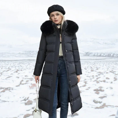 Women's slim fit over knee jacket with fur collar and belt