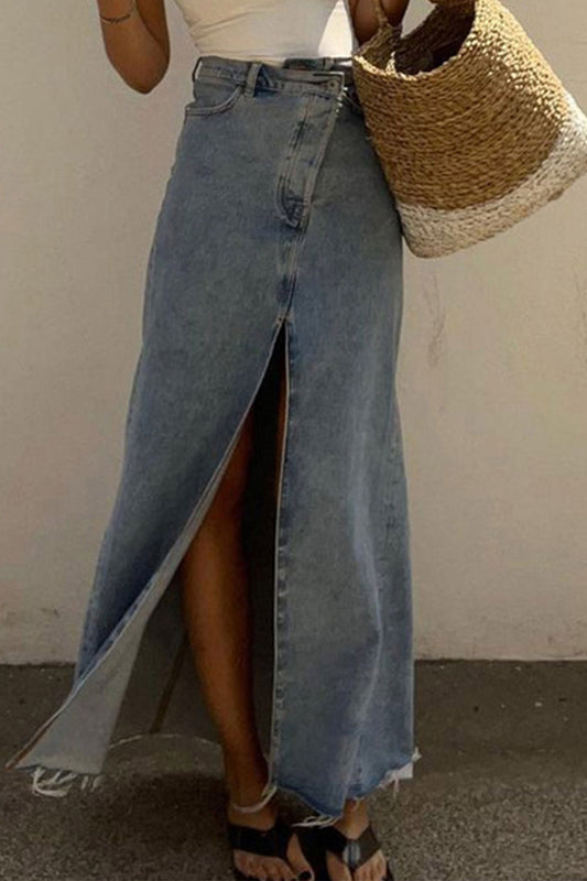 High Waist Distressed Denim Slit Front Skirt