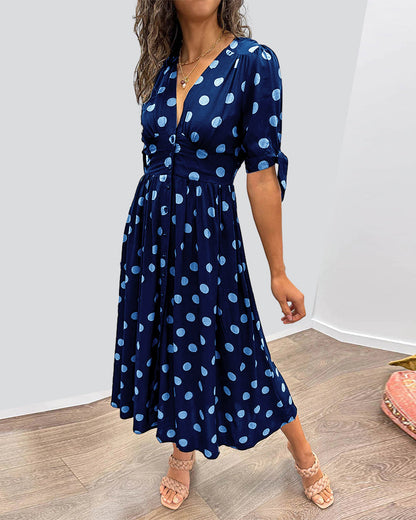Women's Midi Dress - Fit and Flare - V-Neck - Short Sleeve with Tie Detail - Button Front