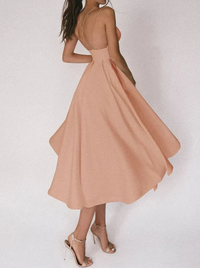 Women's Halter Neck Dress - Crisscross Back - Fitted Waist - Flowing Midi Skirt
