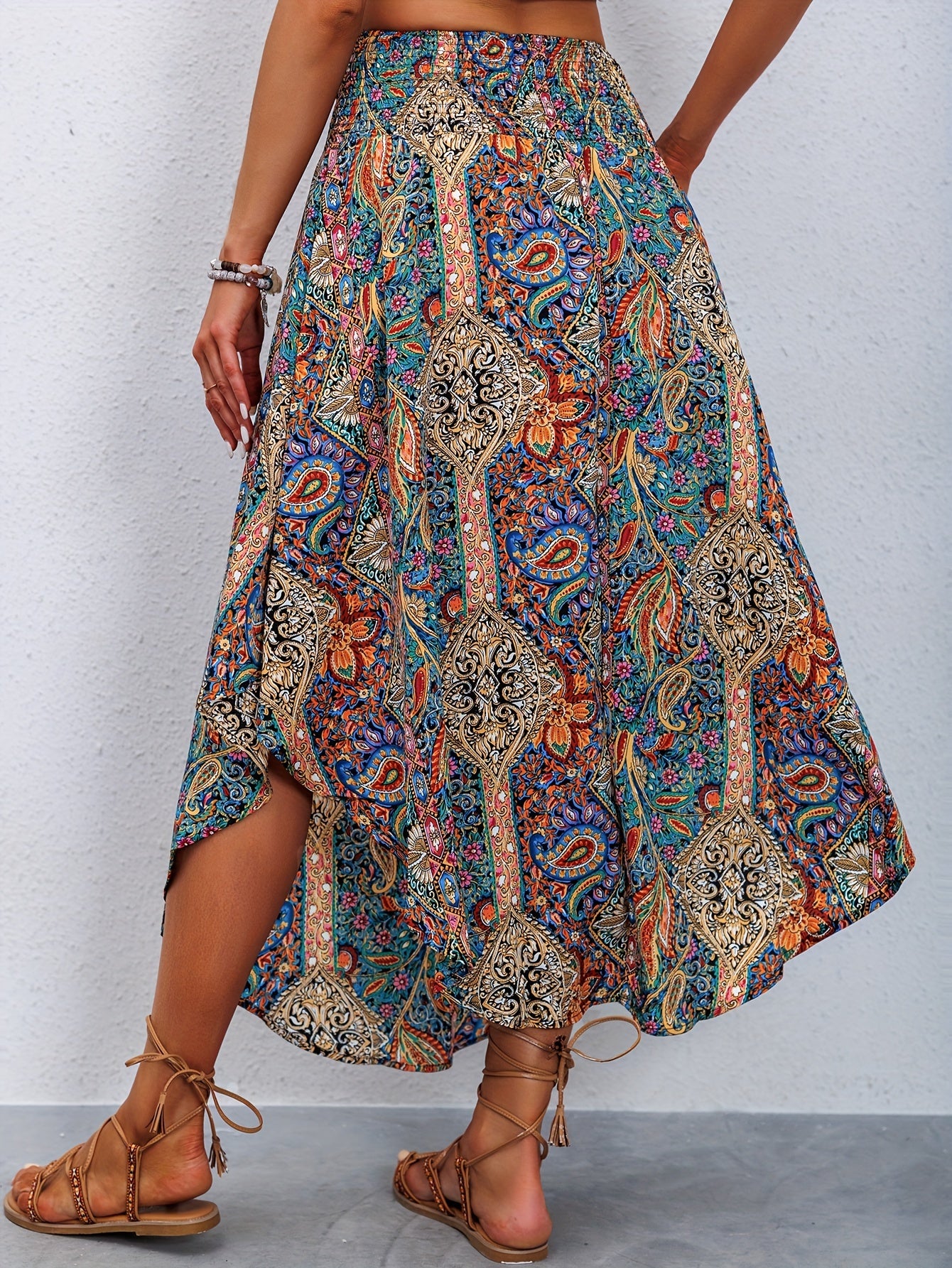 Women's Maxi Skirt - Bohemian Paisley Print - Asymmetrical Flowing Hem - Elastic Waist
