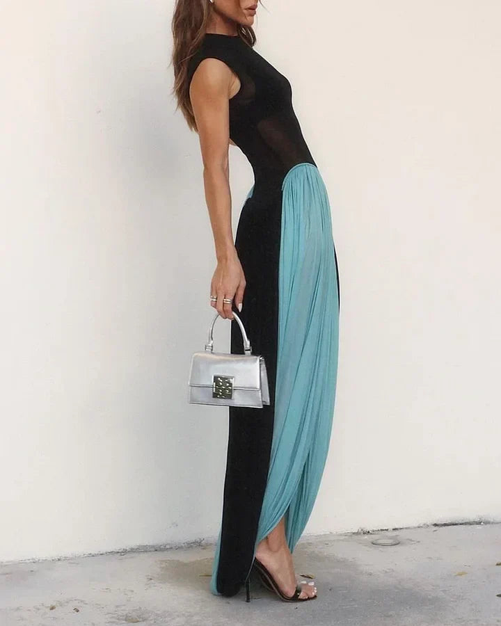 Women's Evening Gown - Sleeveless Sheer Bodice - Pleated Floor-Length Elegant Dress
