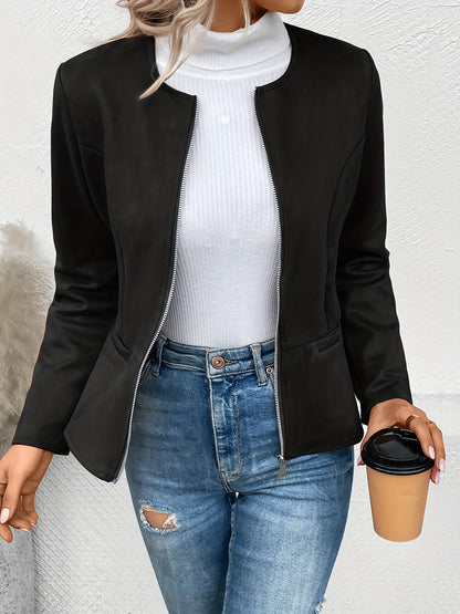 Slim fit long-sleeved elegant jacket with zipper closure for women