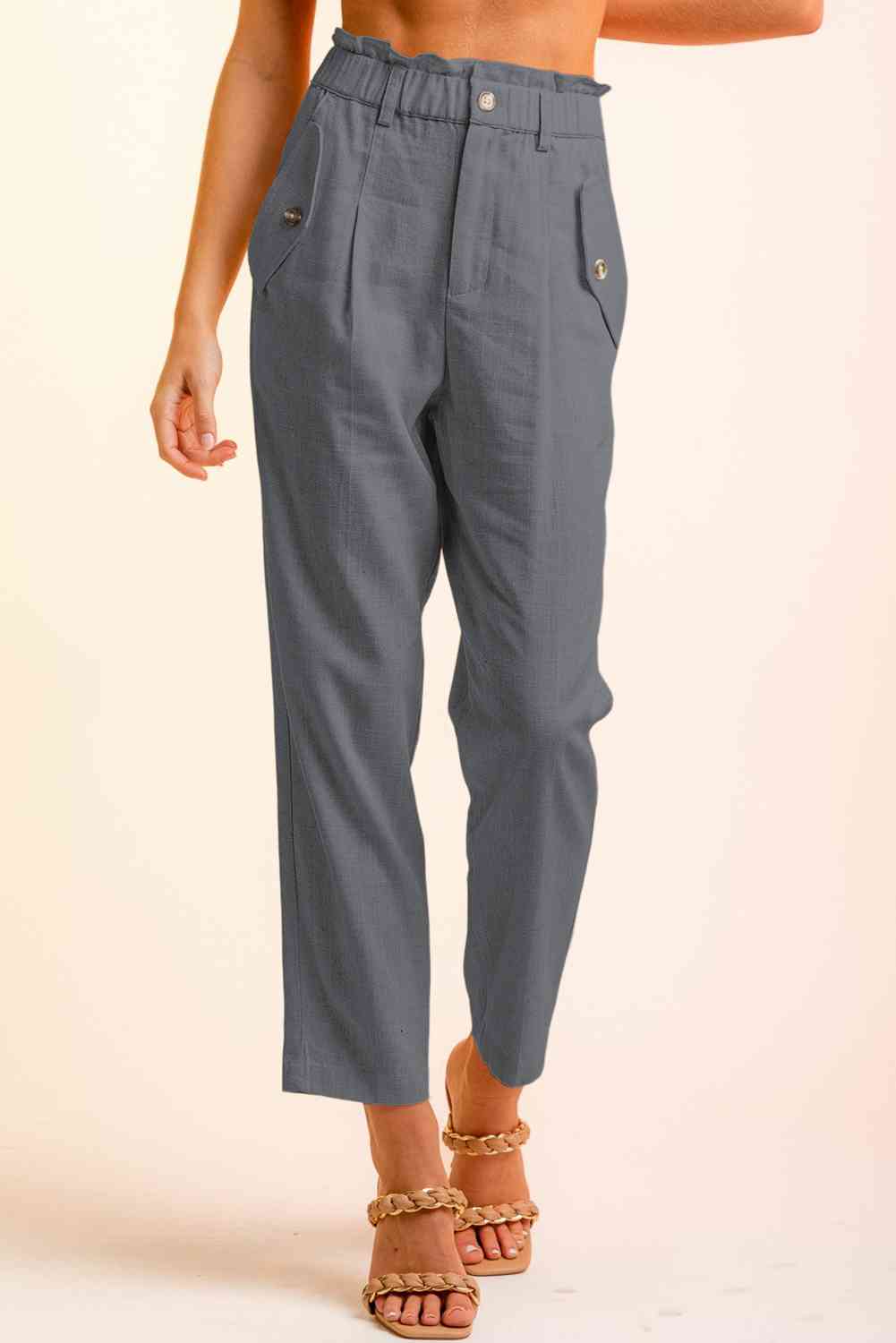 Women’s Cropped Pants – High Waist Paperbag Style – Button Detail – Tapered Fit Casual Wear