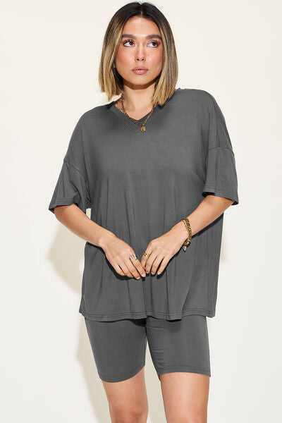 Women's v-neck drop shoulder short sleeve t-shirt and shorts set
