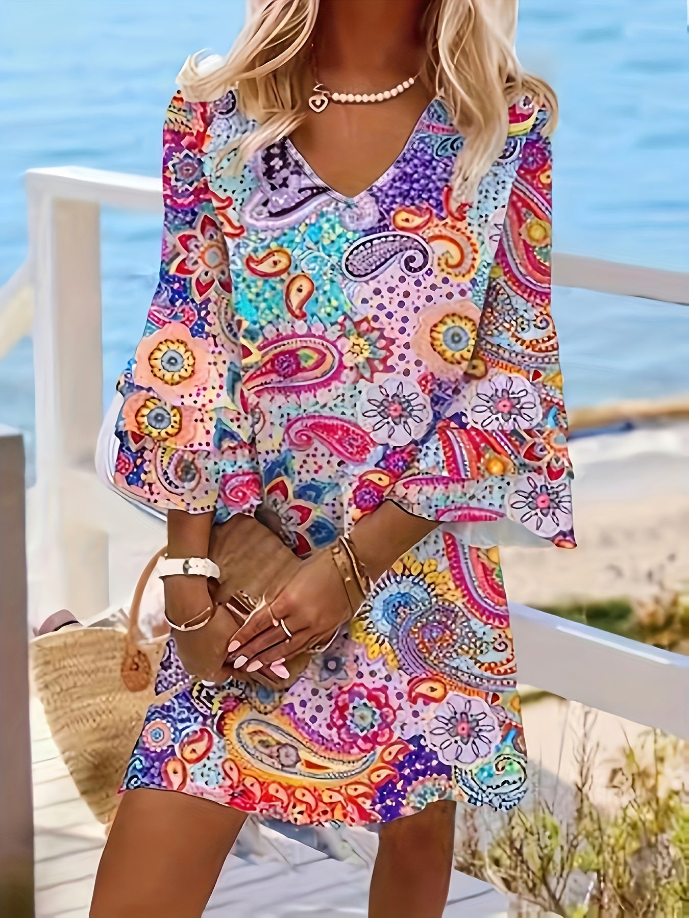 Women's Bohemian Dress - V-Neck - Bell Sleeve - Flowy Lightweight Casual Wear