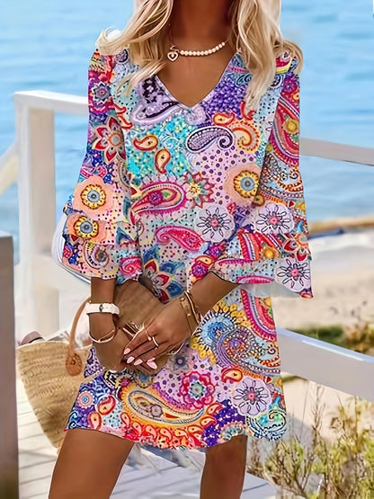 Women's Bohemian Dress - V-Neck - Bell Sleeve - Flowy Lightweight Casual Wear