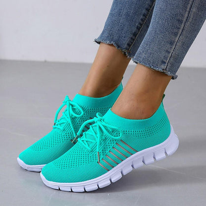 Women's Sneakers - Lightweight Breathable Knit - Slip-On Lace-Up - Cushioned Sole
