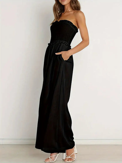 Women's Strapless Jumpsuit - Bandeau Ruffle Trim - Wide-Leg Flowy Relaxed Fit
