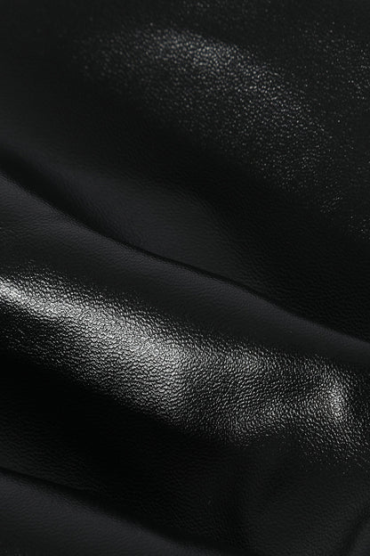 Women's Faux Leather Midi Dress - V-Neck Wrap Bodice - Spaghetti Straps - High Slit