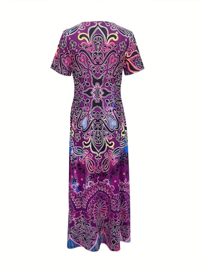 Women's Maxi Dress - V-Neck - Short Sleeve - Bohemian Print - Relaxed Fit