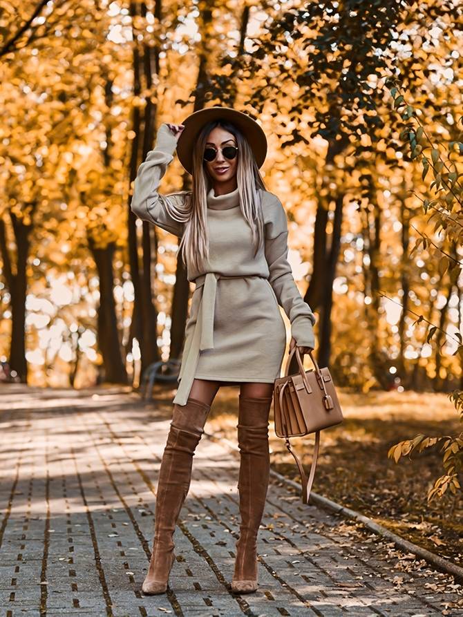 Women's Sweater Dress - Oversized Cowl Neck - Long Sleeve Belted Knit