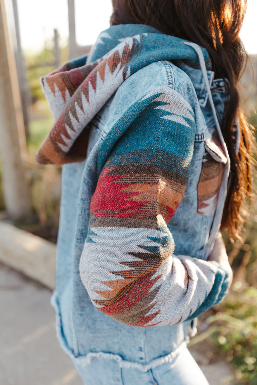 Elegant denim patchwork jacket with button-down design for women