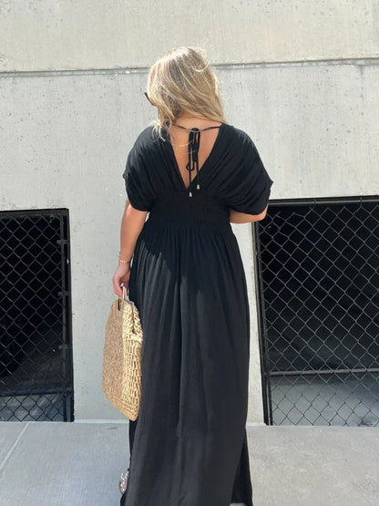 Women's Maxi Dress - V-Neck Short Sleeve - Flowing Fit with Side Slit
