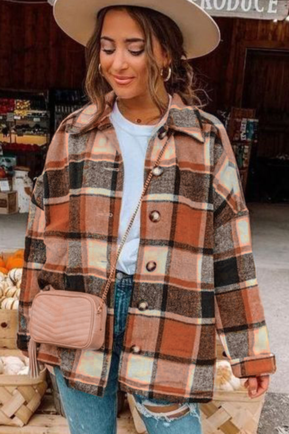 Plaid long-sleeved cardigan coat with lapel collar for women