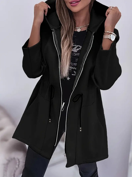 Zippered Drawstring Hooded Waist Jacket