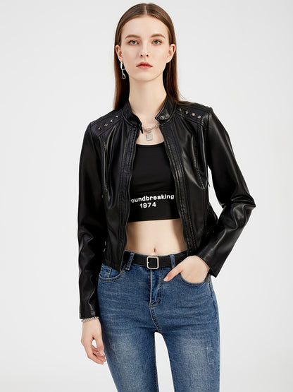 Studded moto jacket with zip closure and stand collar for women
