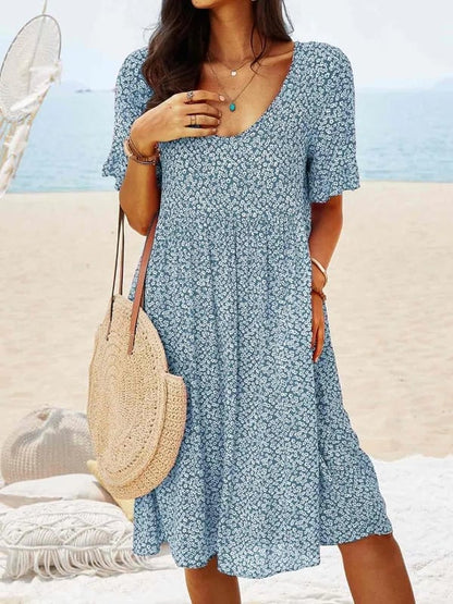 Women's Casual Dress - Lightweight Floral Print - V-Neck Short Sleeve Relaxed Fit
