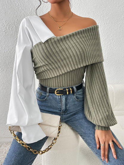 Women's Off-Shoulder Ribbed Knit Top – Asymmetrical Design – Long Sleeve Stylish Fit
