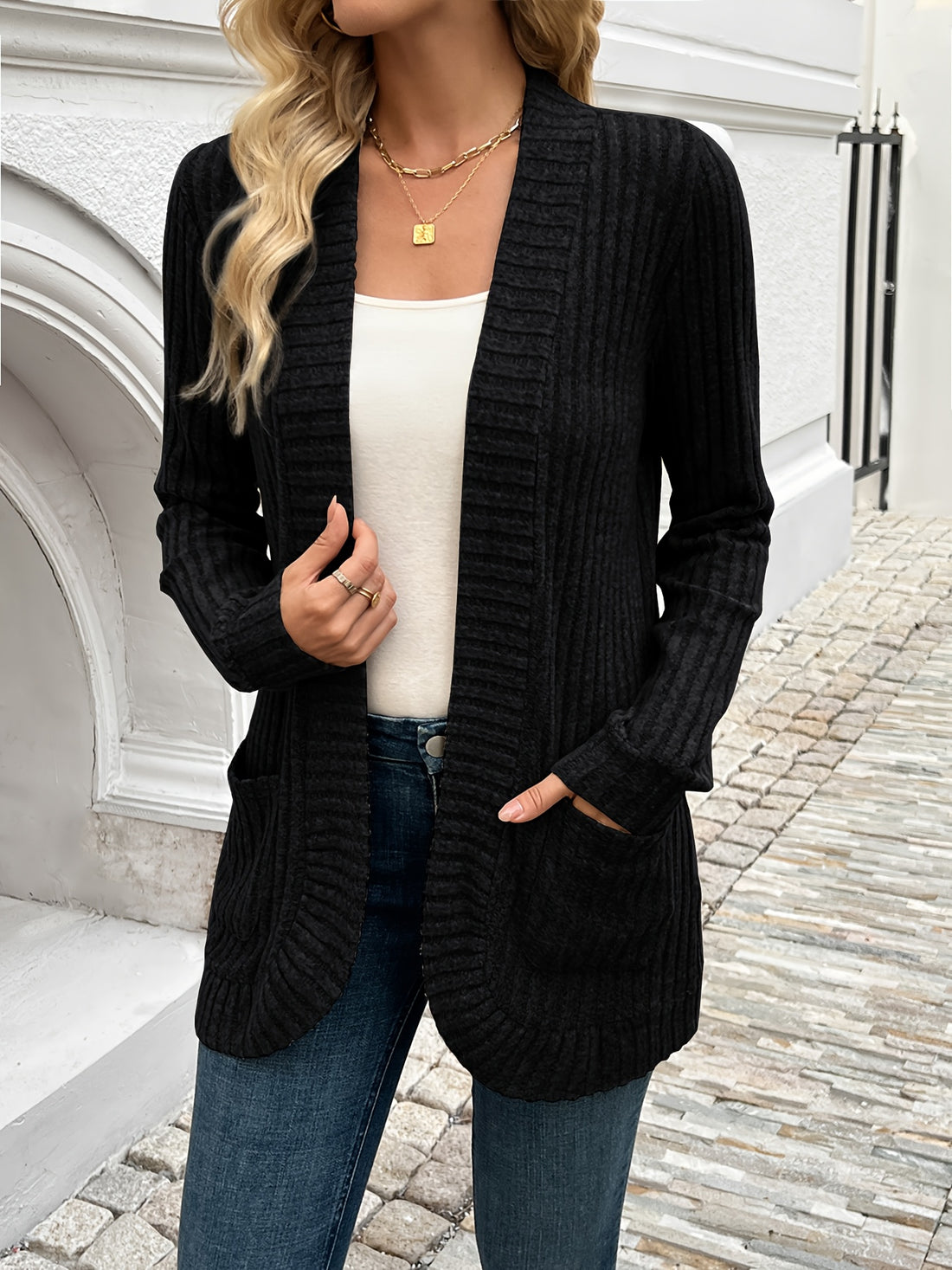 Open-front ribbed knit cardigan with long sleeves for women