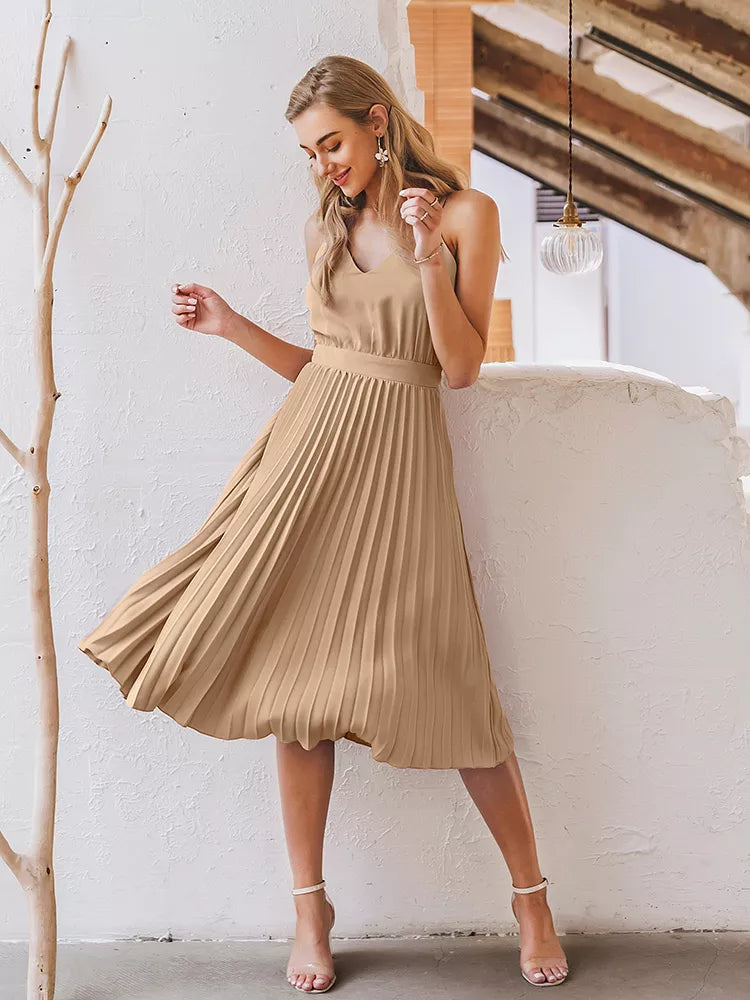 Women's Midi Dress - Sleeveless Spaghetti Straps - Pleated A-Line Flowy Fit