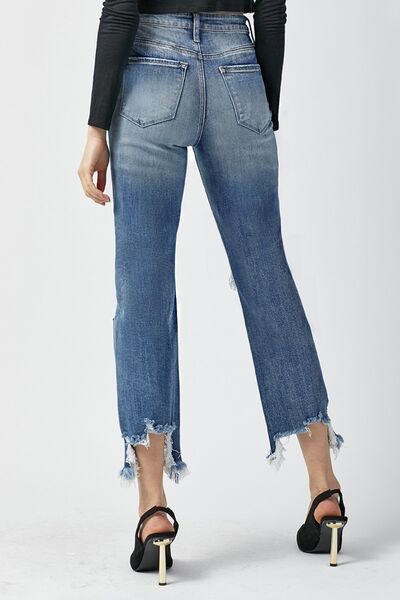 Women’s Straight Leg Jeans - High Waist - Cropped Length - Distressed Ripped Denim