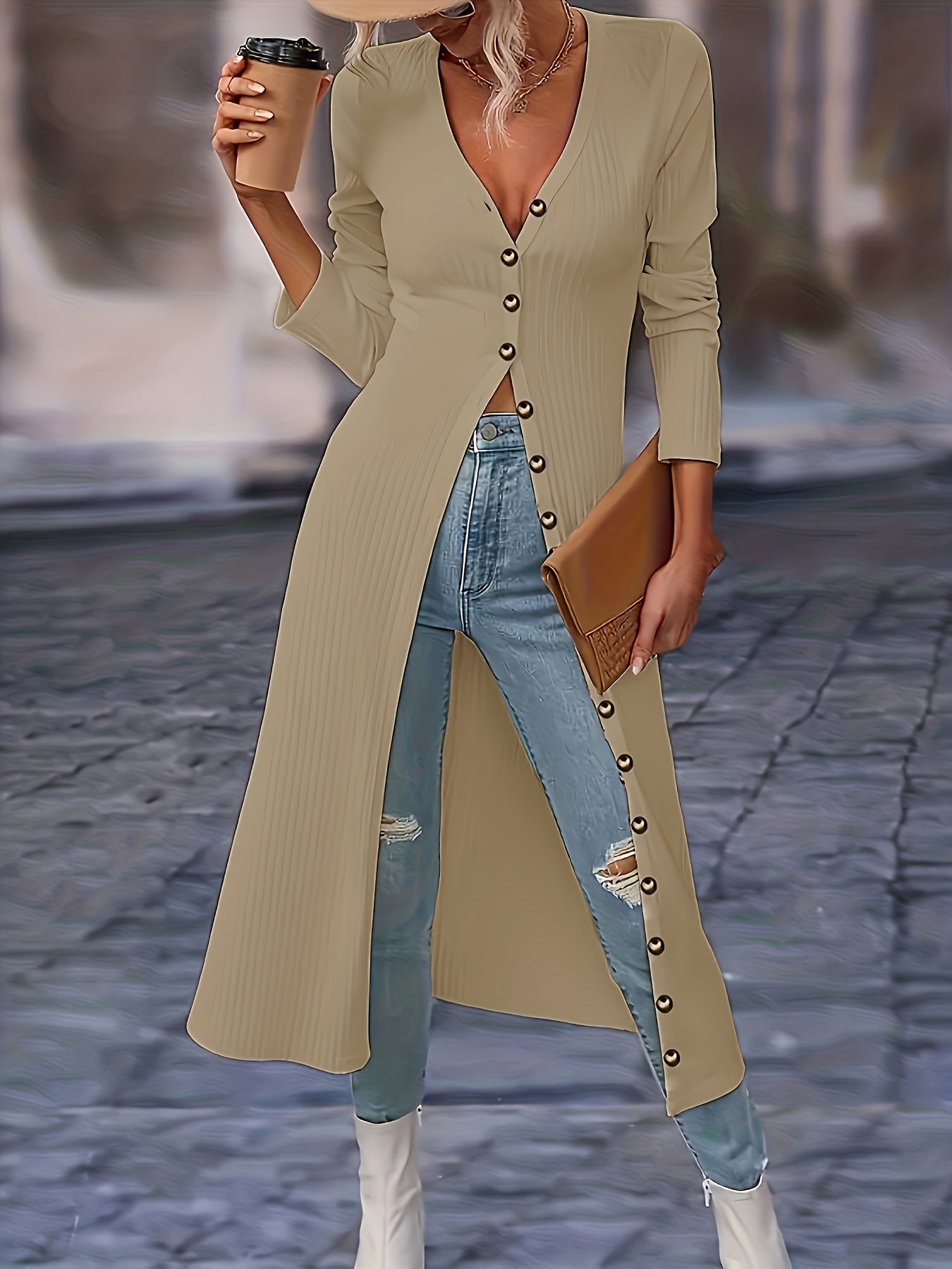 Women's Long Cardigan - Ribbed Knit - Button-Front V-Neck - Tailored Fit